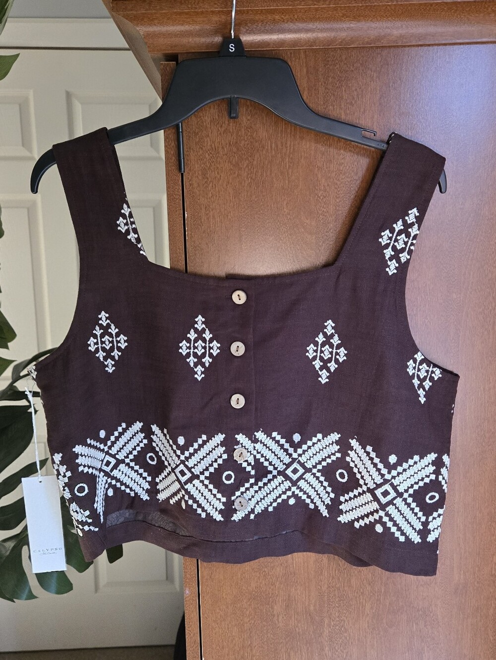 Calypso St. Barth Brown Embroidered Square-Neck Crop Top - Picture 3 of 5